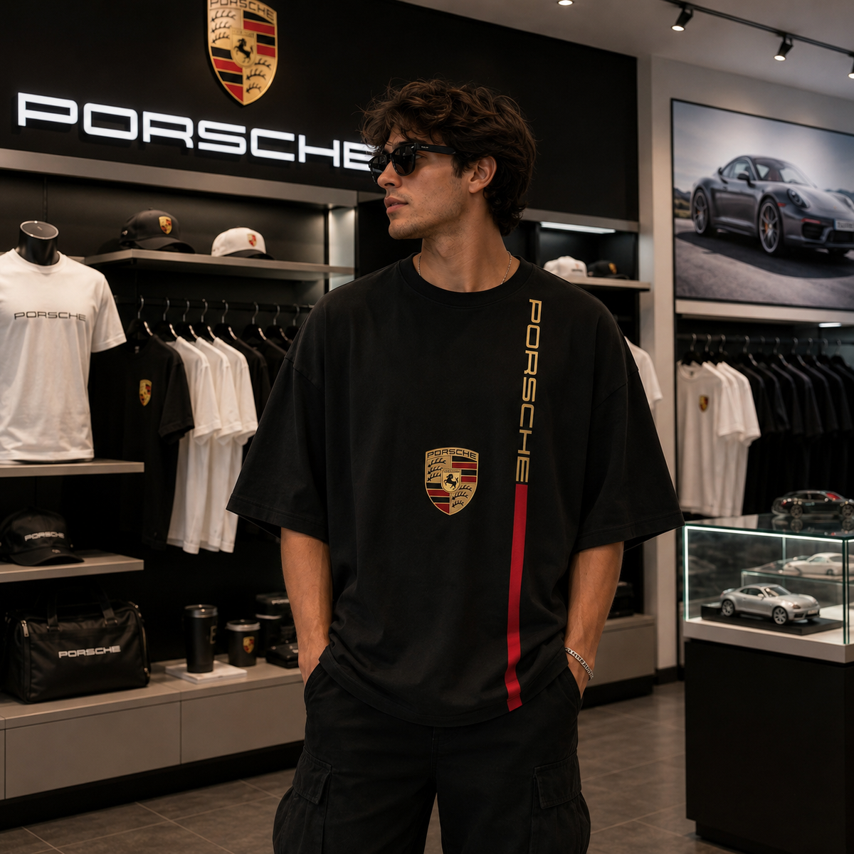 Porsche Velocity Stripe Oversized Tee – Black