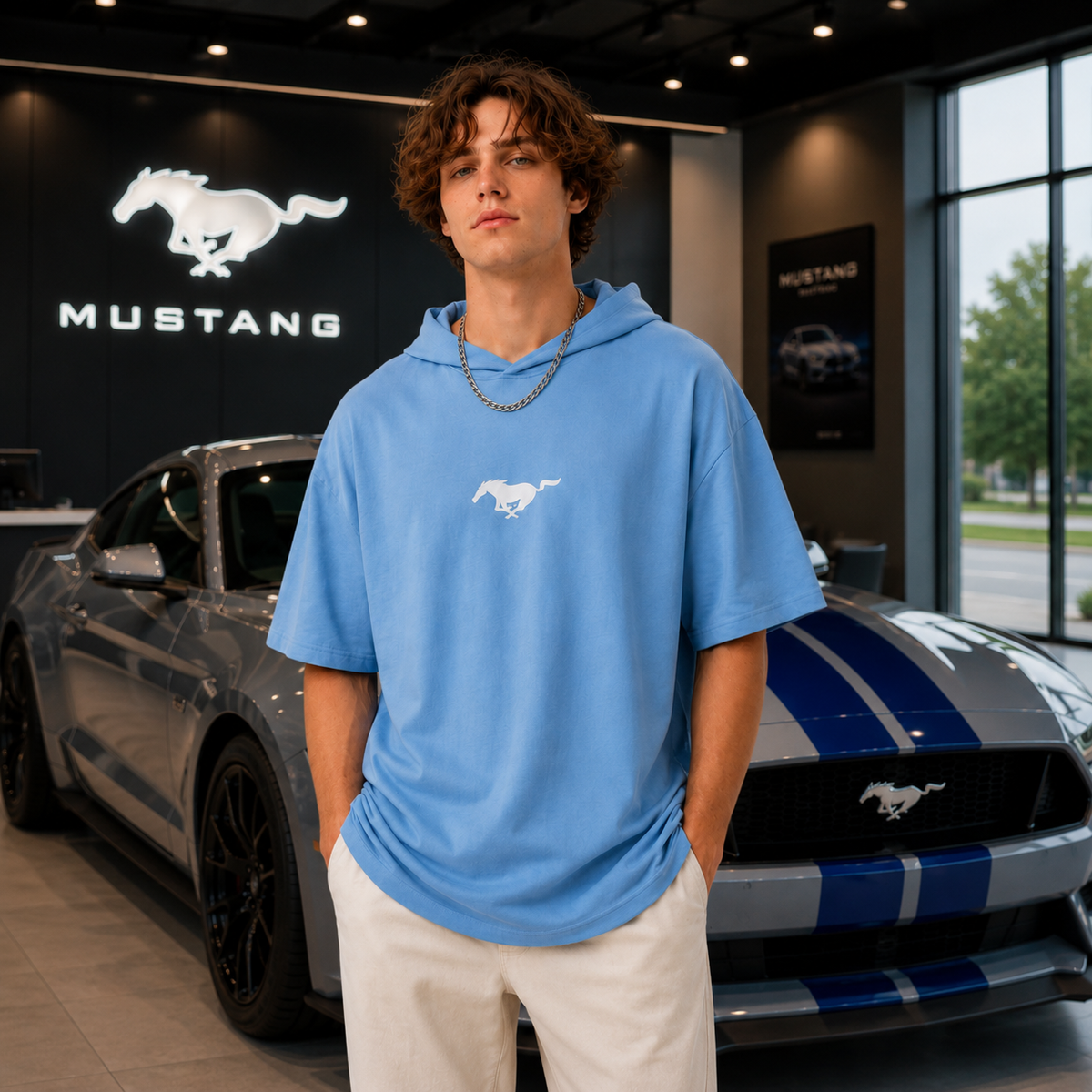 Mustang Freedom Stripe Oversized Hoodie Tee – Sky Blue