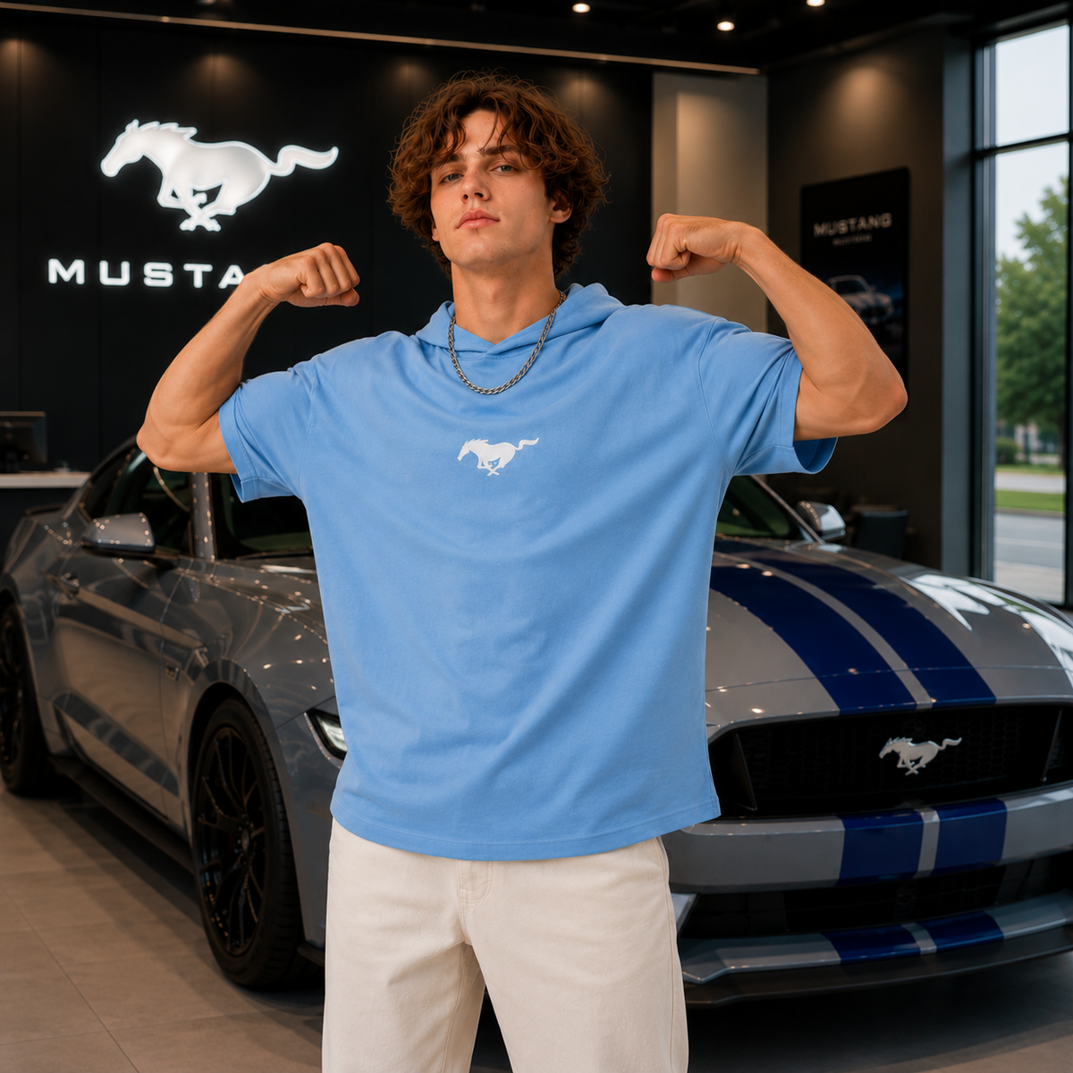 Mustang Freedom Stripe Oversized Hoodie Tee – Sky Blue