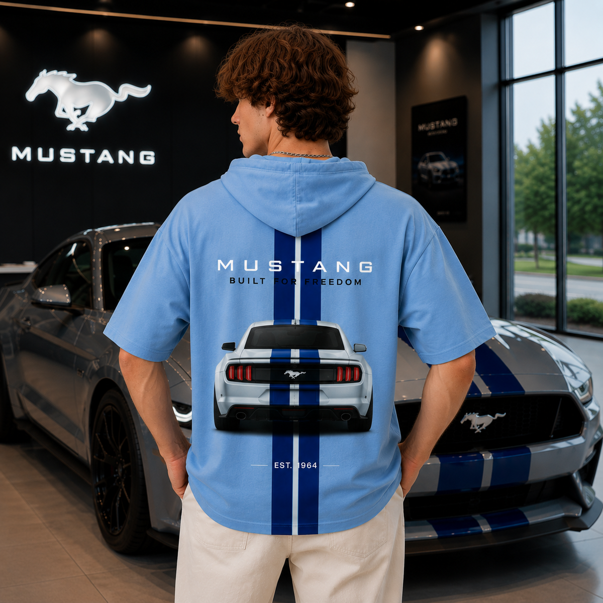 Mustang Freedom Stripe Oversized Hoodie Tee – Sky Blue