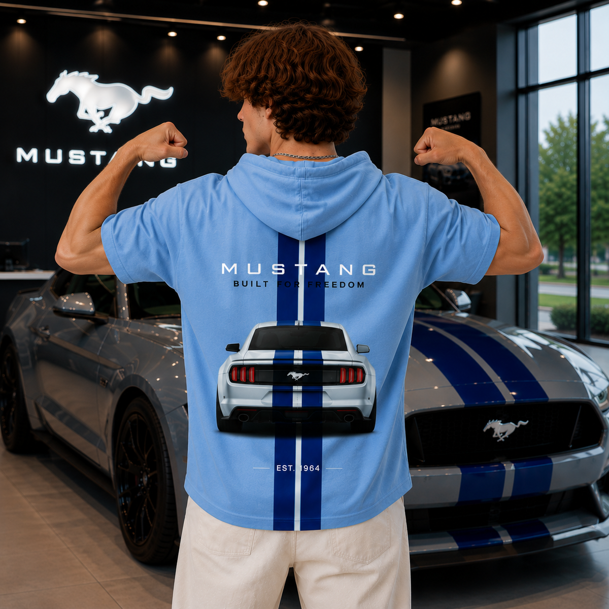 Mustang Freedom Stripe Oversized Hoodie Tee – Sky Blue